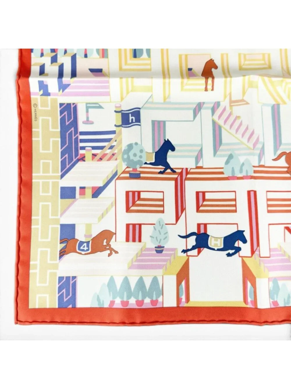 Hermes Carre 45 Gavroche Horse Club Detail Silk 100% Scarf Multi